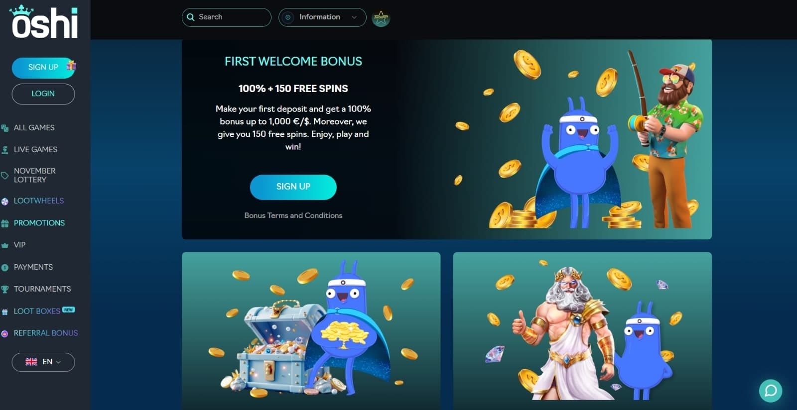 Oshi Casino's  promotions page with the first, second and third welcome bonuses