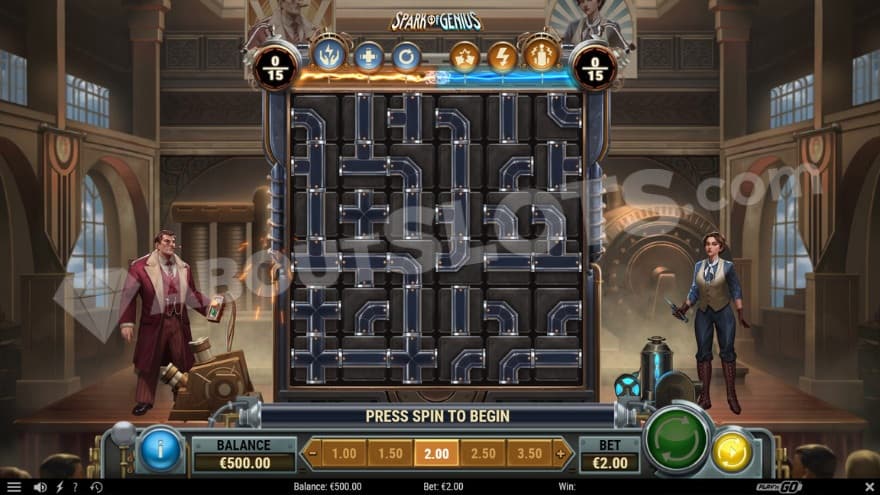 Base game with Maynard to the left and Tess to the right of the reels.