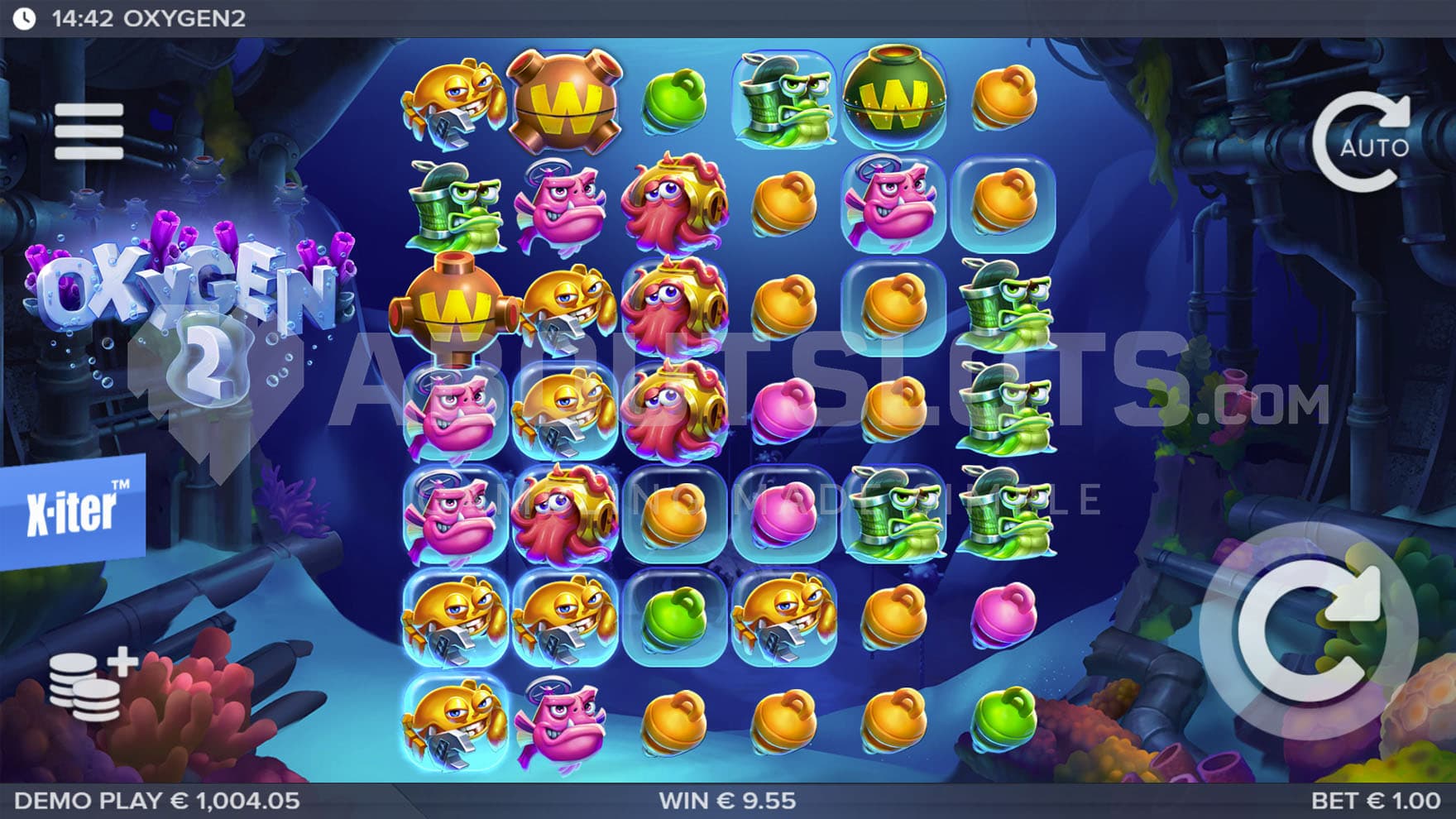 Base Game view of a 6x7 grid on an underwater backdrop and with a mix of various symbols on the reels.