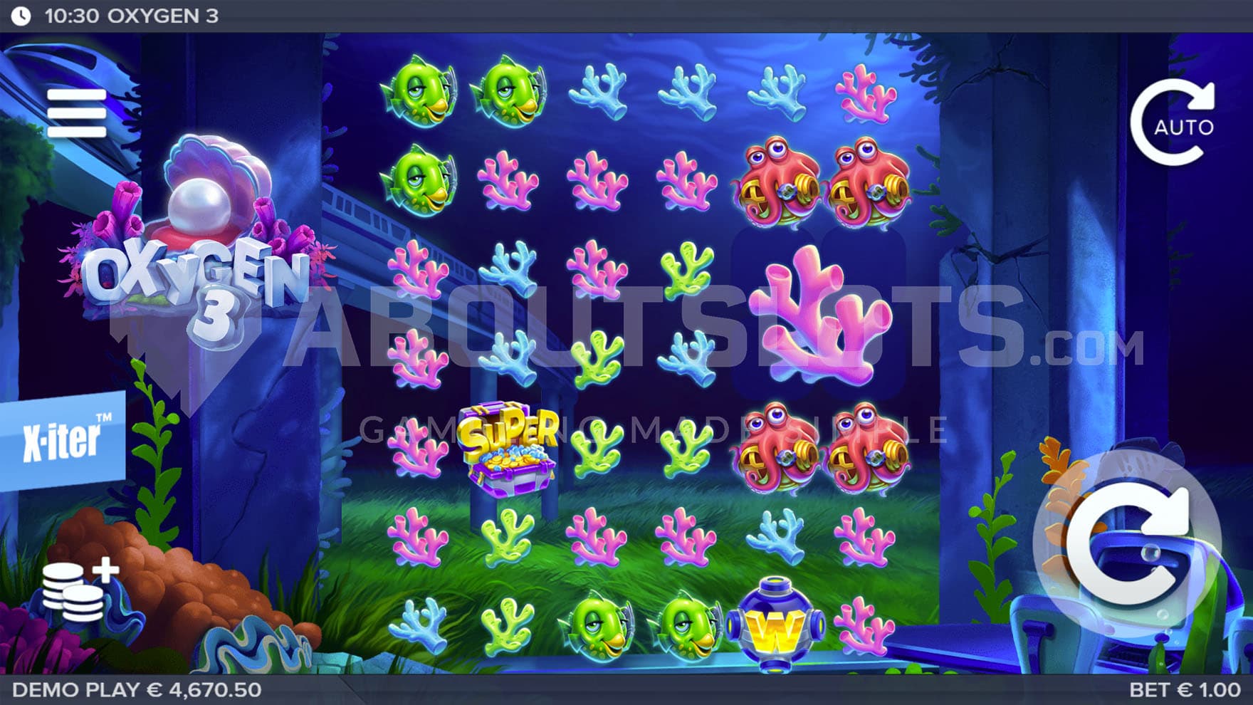 Base Game view of a 6x7 grid set underwater among colourful reefs.