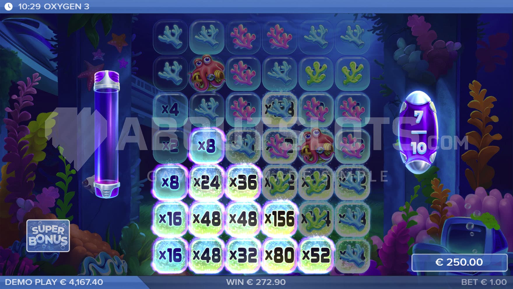 Super Bonus Game in progress, showing a cluster of grid positions having their multipliers upgraded.