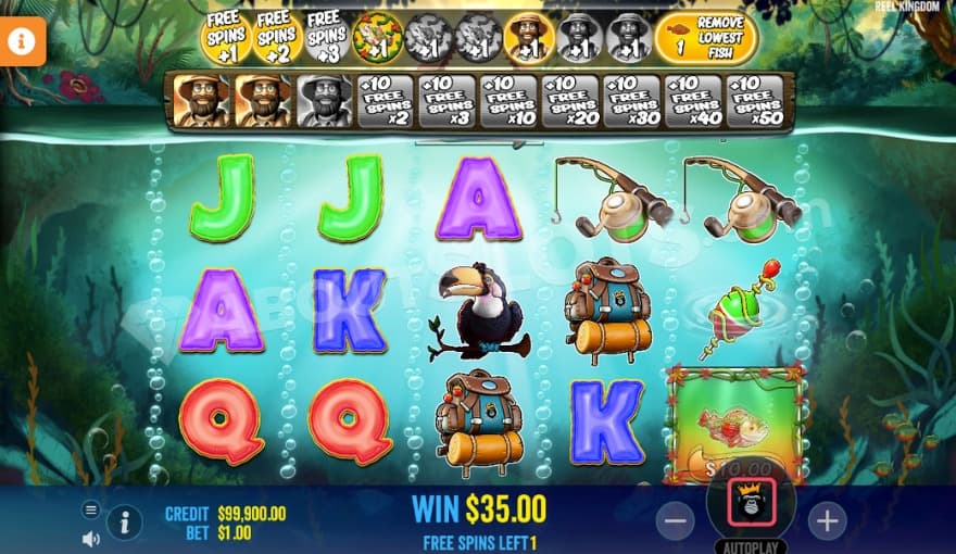 Free Spins feature with two fisherman wilds collected.