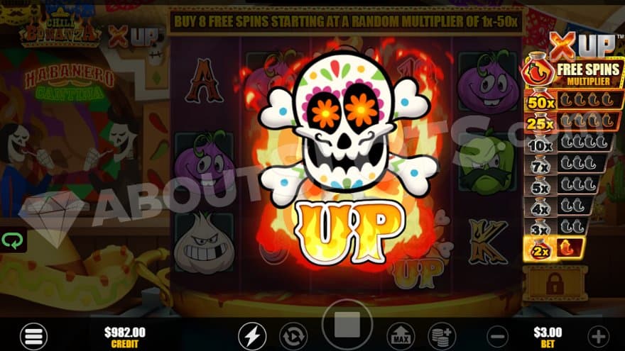 A big death skull and the text "UP" on top of the reels.
