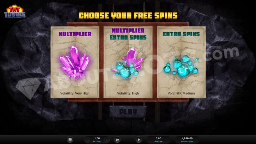 Intro to the free spins feature with three options to choose from.
