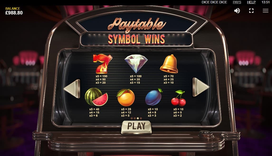 Dice Dice Dice Slot Paytable