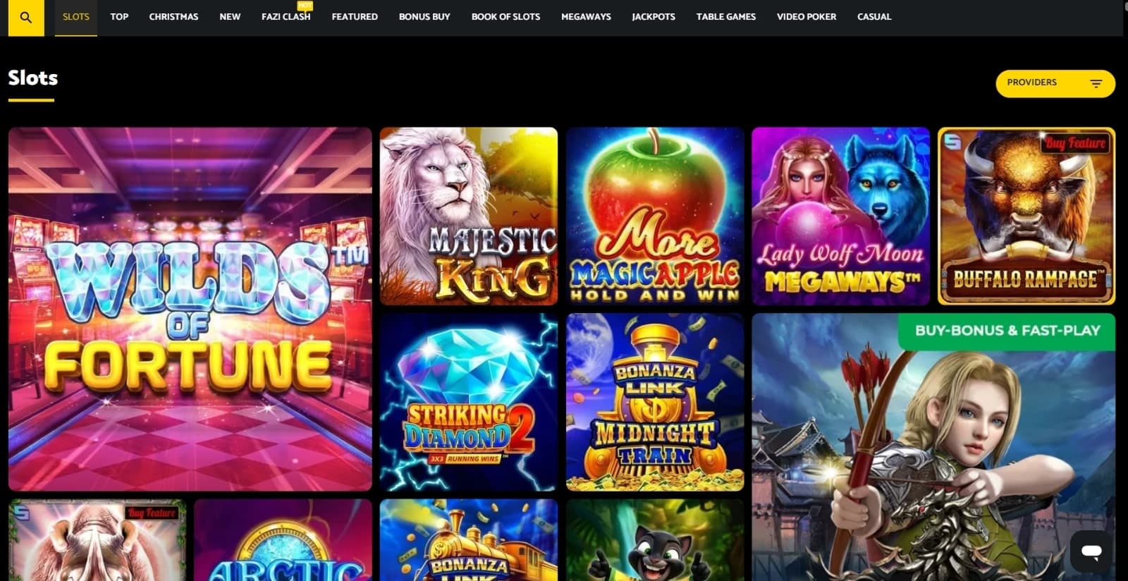 PalmSlots Casino games page with the slots category featuring games like Majestic King, Wilds of Fortune, and other titles under category menus and search filter