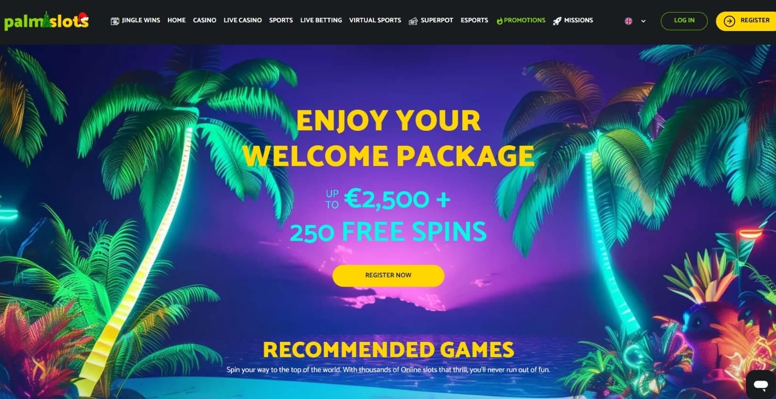 PalmSlots Casino landing page with the welcome bonus offer banner displaying a beach scene with palm trees and top navigation menus