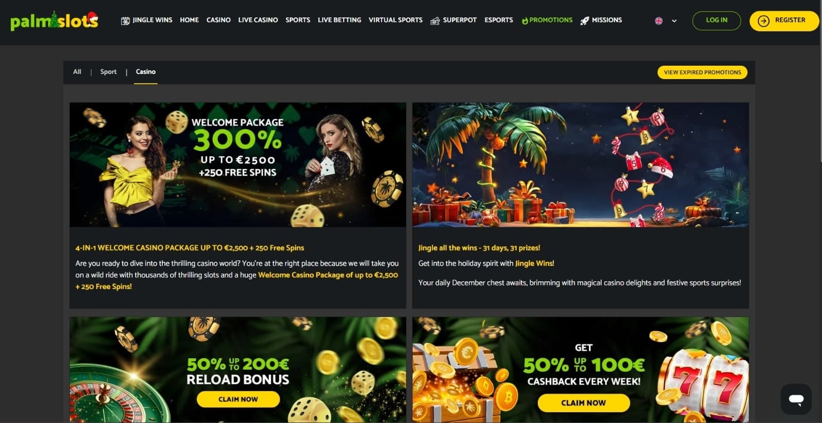 PalmSlots Casino promotions page with the various casino bonus promotions banners and its descriptions