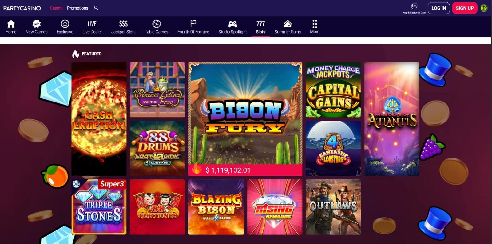 PartyCasino USA games page features slot and jackpot slots like Bison Fury, Triple Stones, and Cash Eruption