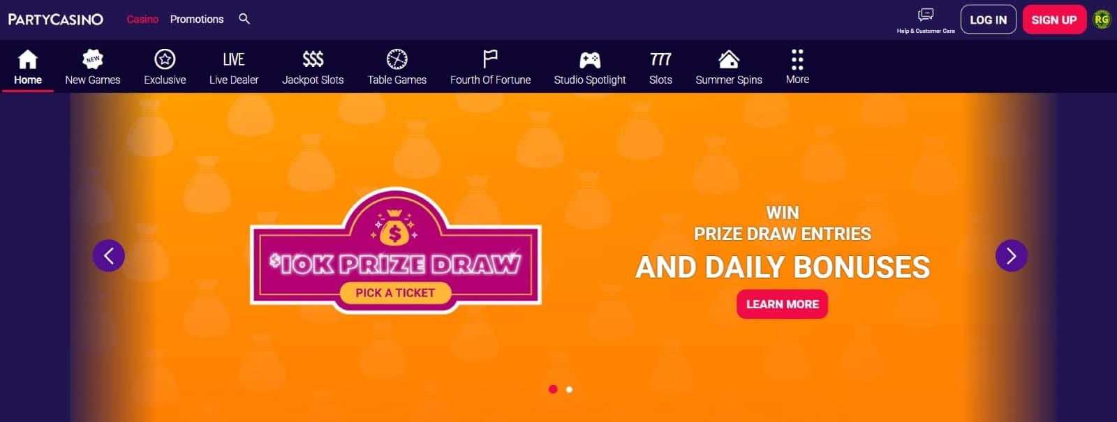 PartyCasino USA landing page featuring the 10k usd prize draw promotion and daily bonuses over orange background