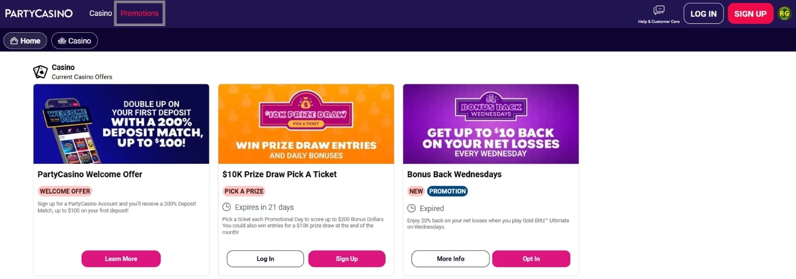 PartyCasino USA promotions page featuring welcome bonus of 200% of 100 usd and prize draw promotion