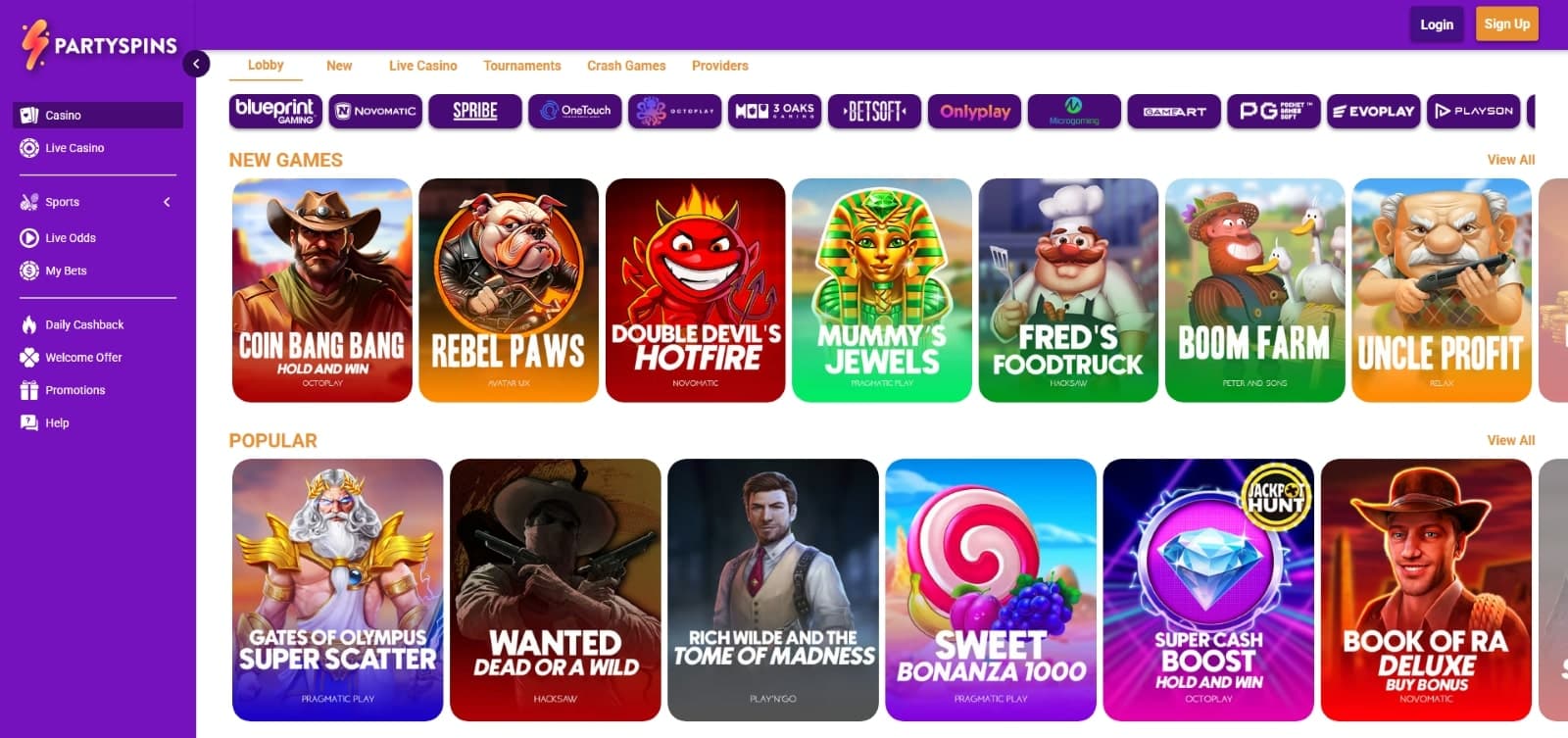 PartySpins Casino games page featuring the newest and most popular slot games such as Mummy's Jewels and Gates of Olympus