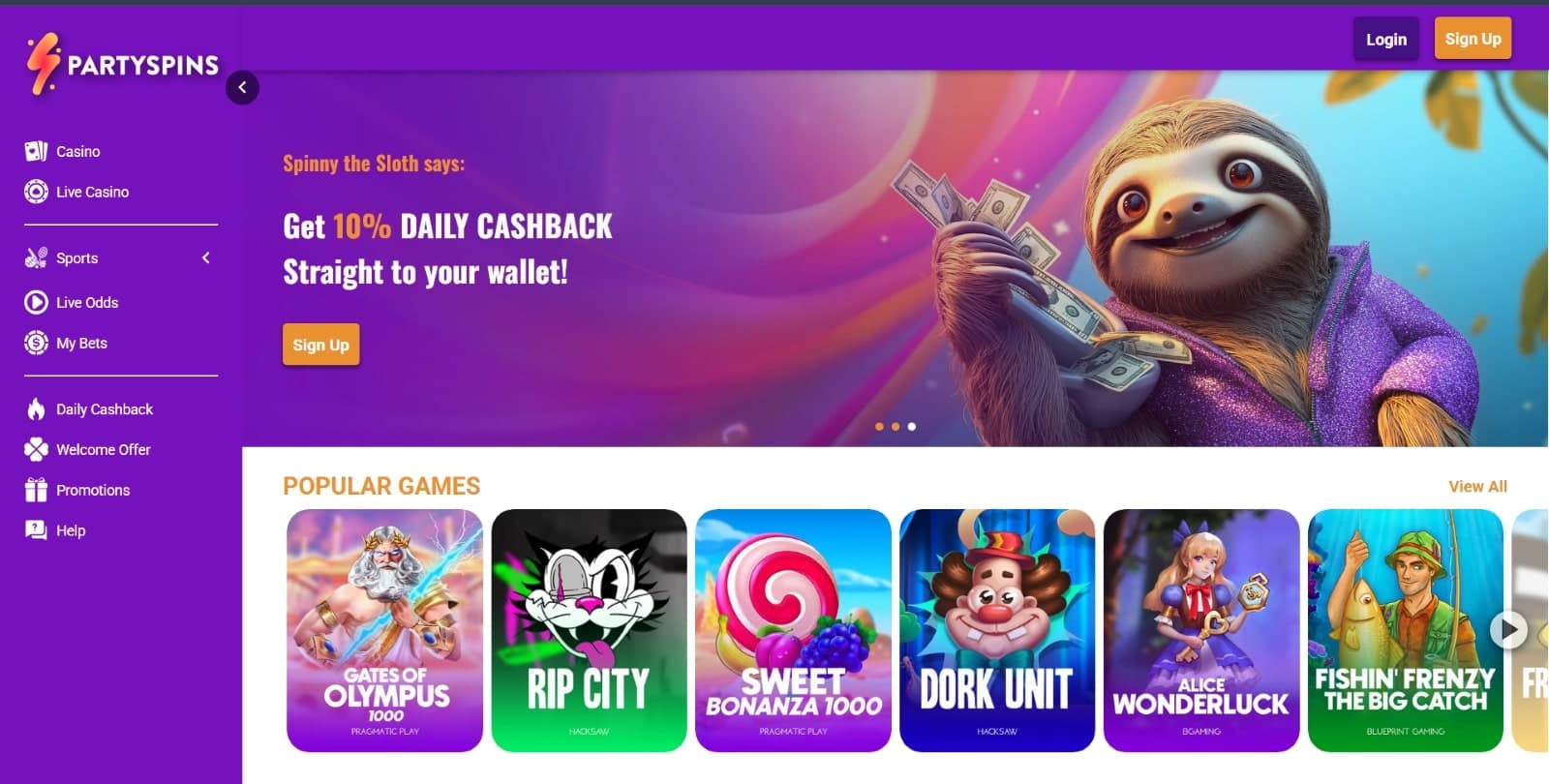 PartySpins casino landing page with Spinny the Slot presenting the 10% daily cashback offer, with popular games beneath the banner