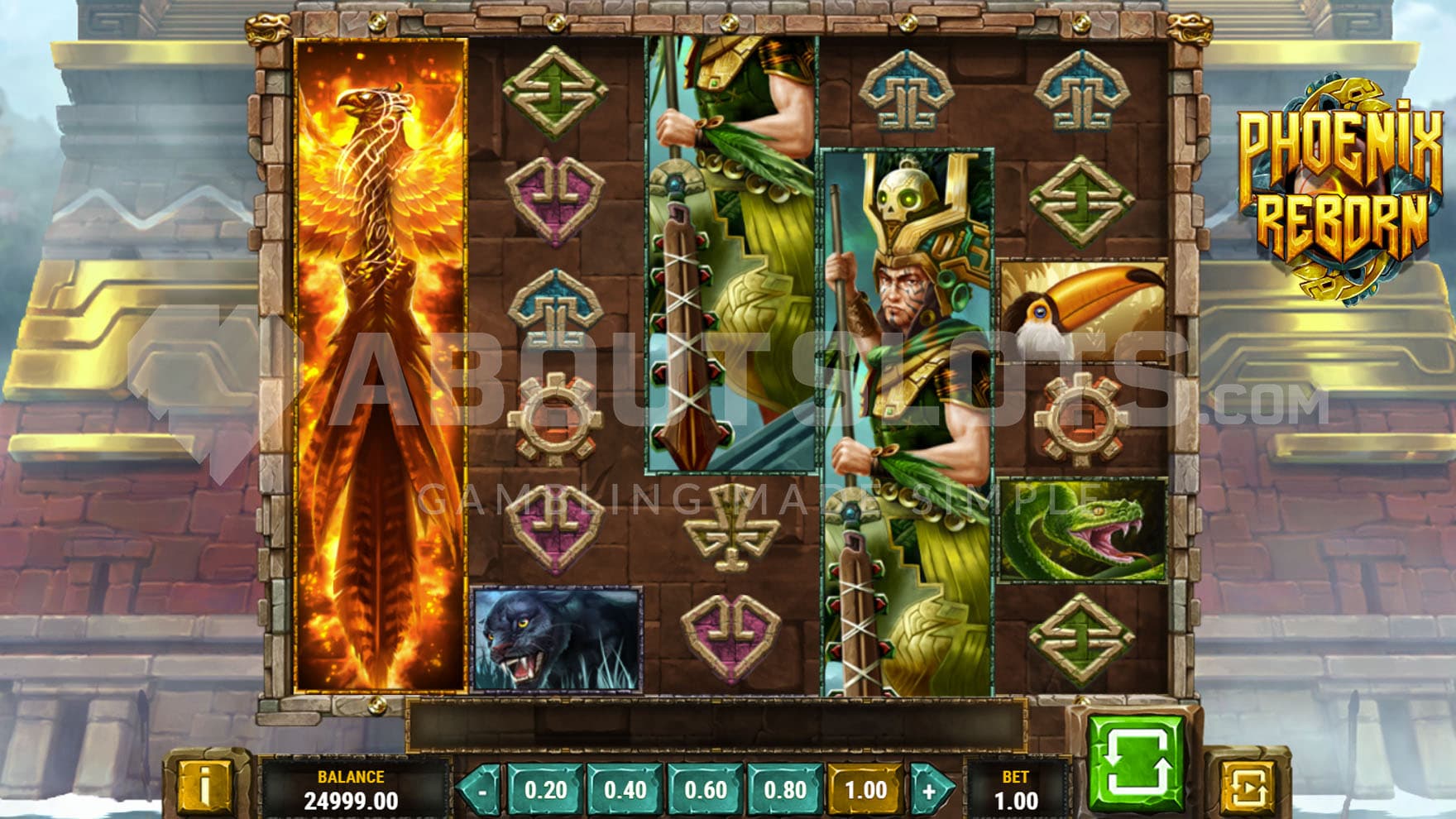 Base Game view of a 5x6 grid on a backdrop of an Aztec temple.