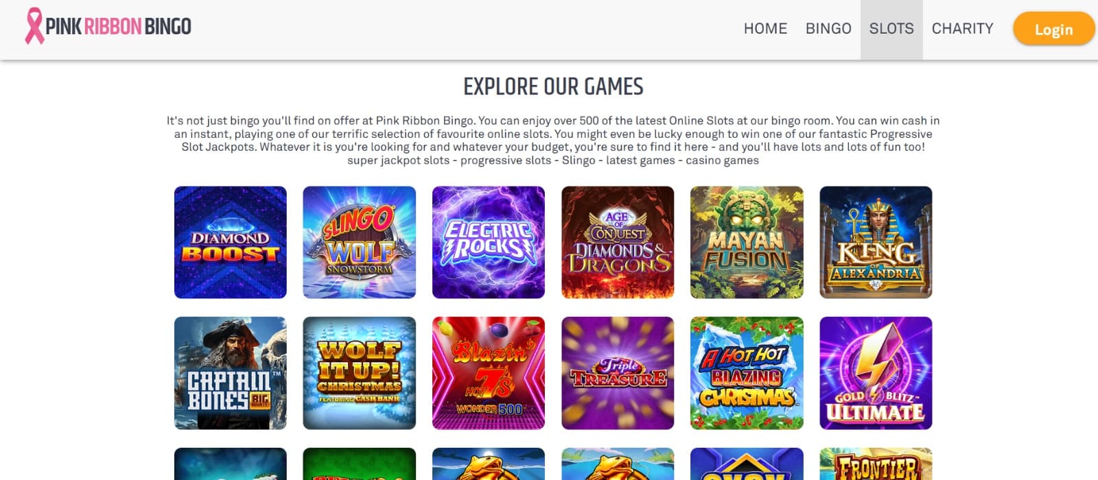 Pink Ribbon Bingo Casino slots page with Maya Fusion  and King of Alexandria Titles 