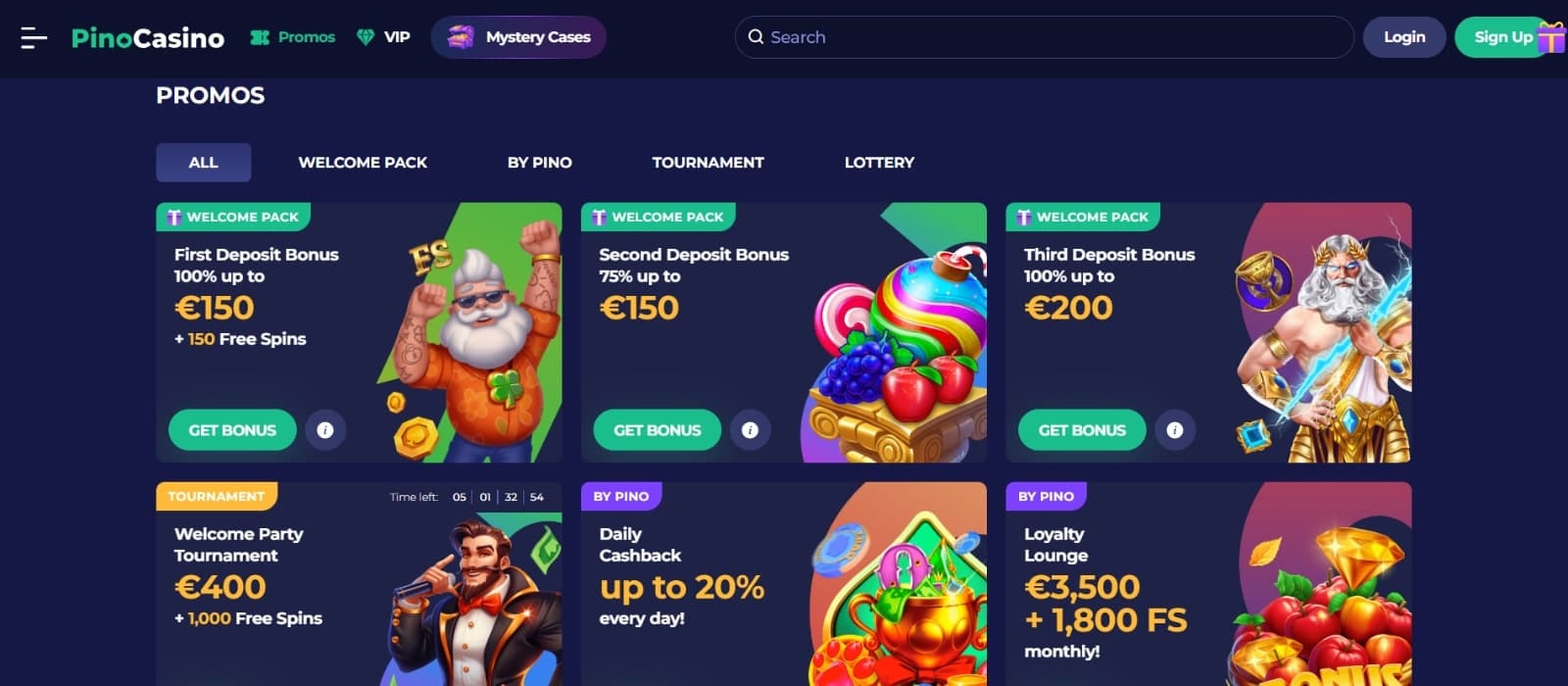 PinoCasino promotion page listing the welcome bonus, daily cashback, and tournaments 
