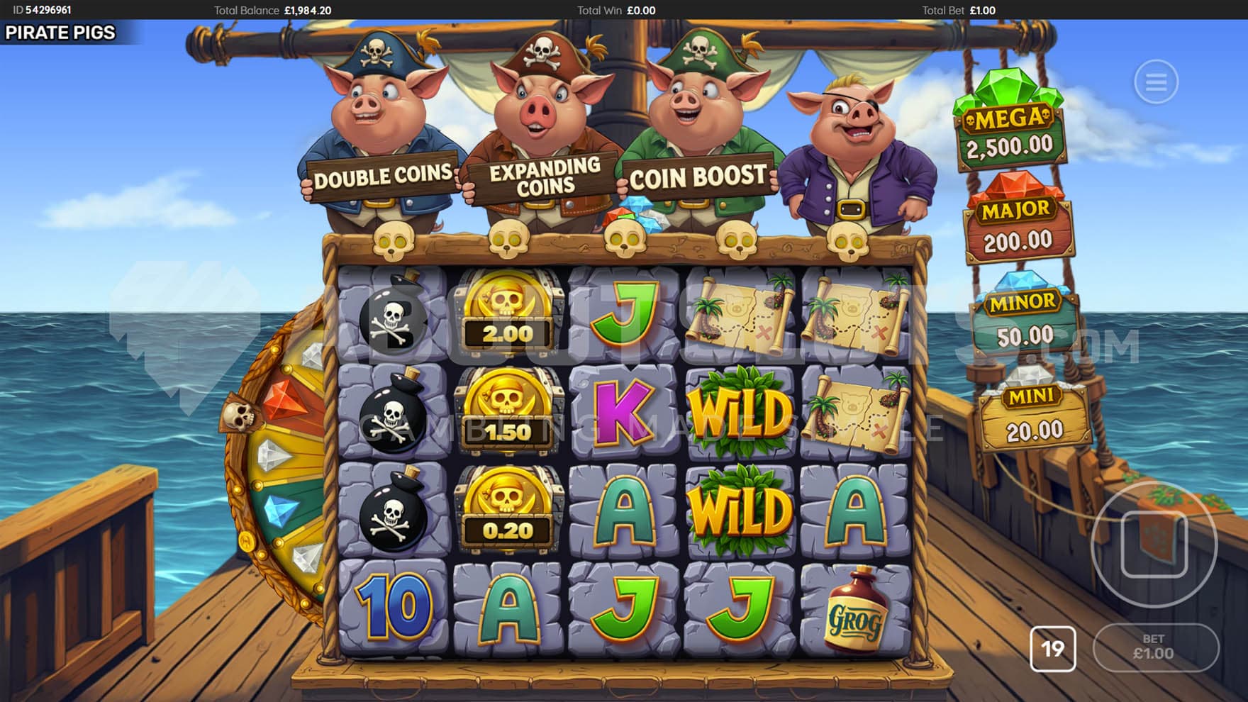 Base Game view of a 5x4 grid on board of a pirate ship.