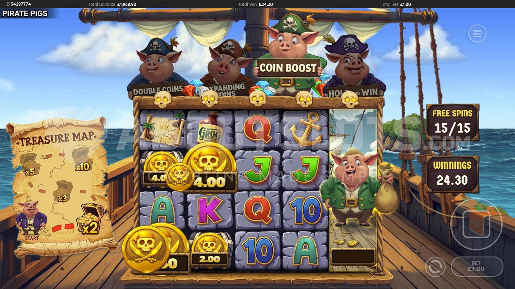 Free Spins bonus in progress, showing the trail advanced to an X2 multiplier and a Coin Boost feature triggered.
