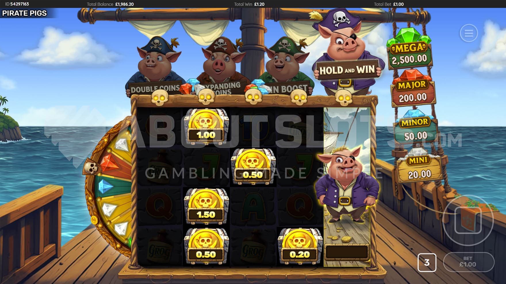Hold and Win Respins triggered in the base game by landing a purple pig on reel 5.