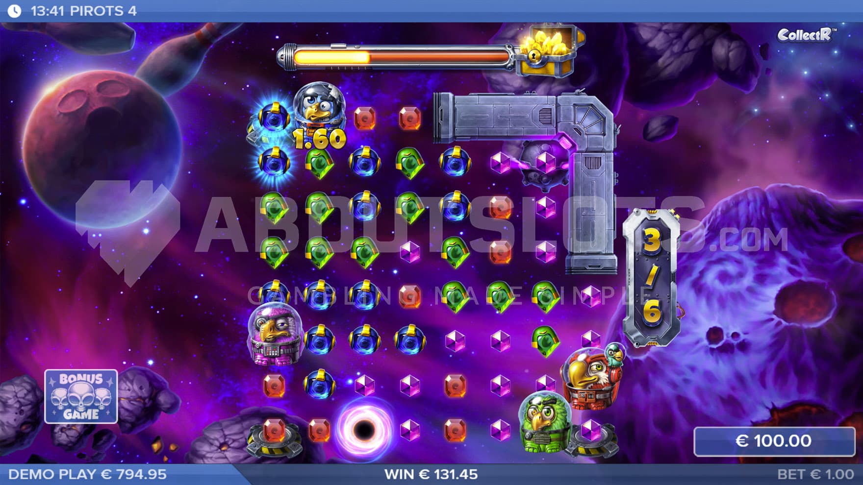 Bonus Game in progress, showing multiple pieces of the station destroyed and most gem symbols upgraded to higher levels.