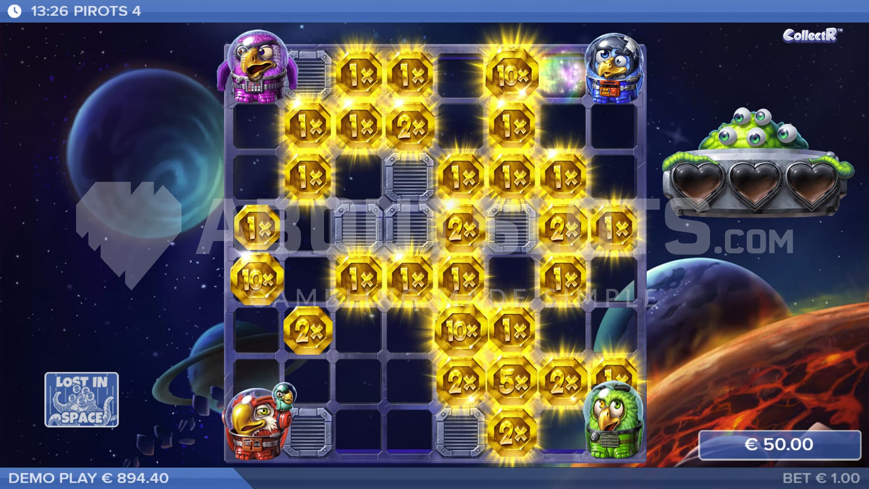 Lost in Space feature in progress, showing multiple Coin symbols with instant prizes on the grid.