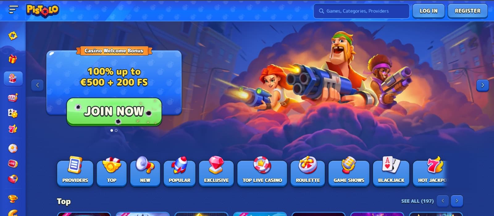 Pistolo Casino promotions page with 100% welcome bonus over image with characters with guns