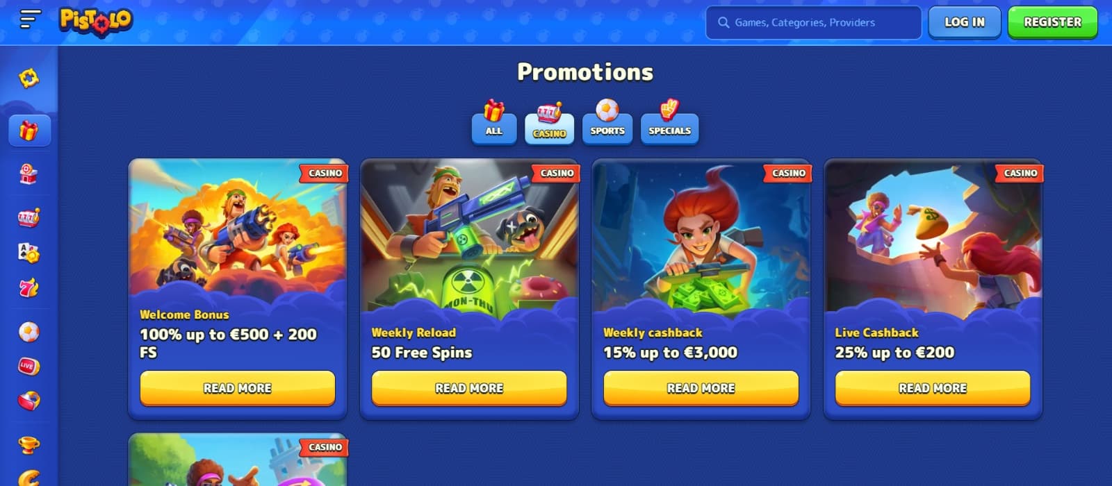 Pistolo Casino promotions page with welcome, weekly reload and cashback bonuses 