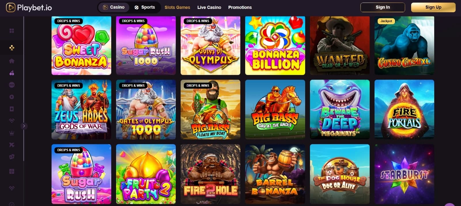 Playbet.io Casino games page featuring slot games such as Sweet Bonanza and Fire in the hole 2 under game tab category