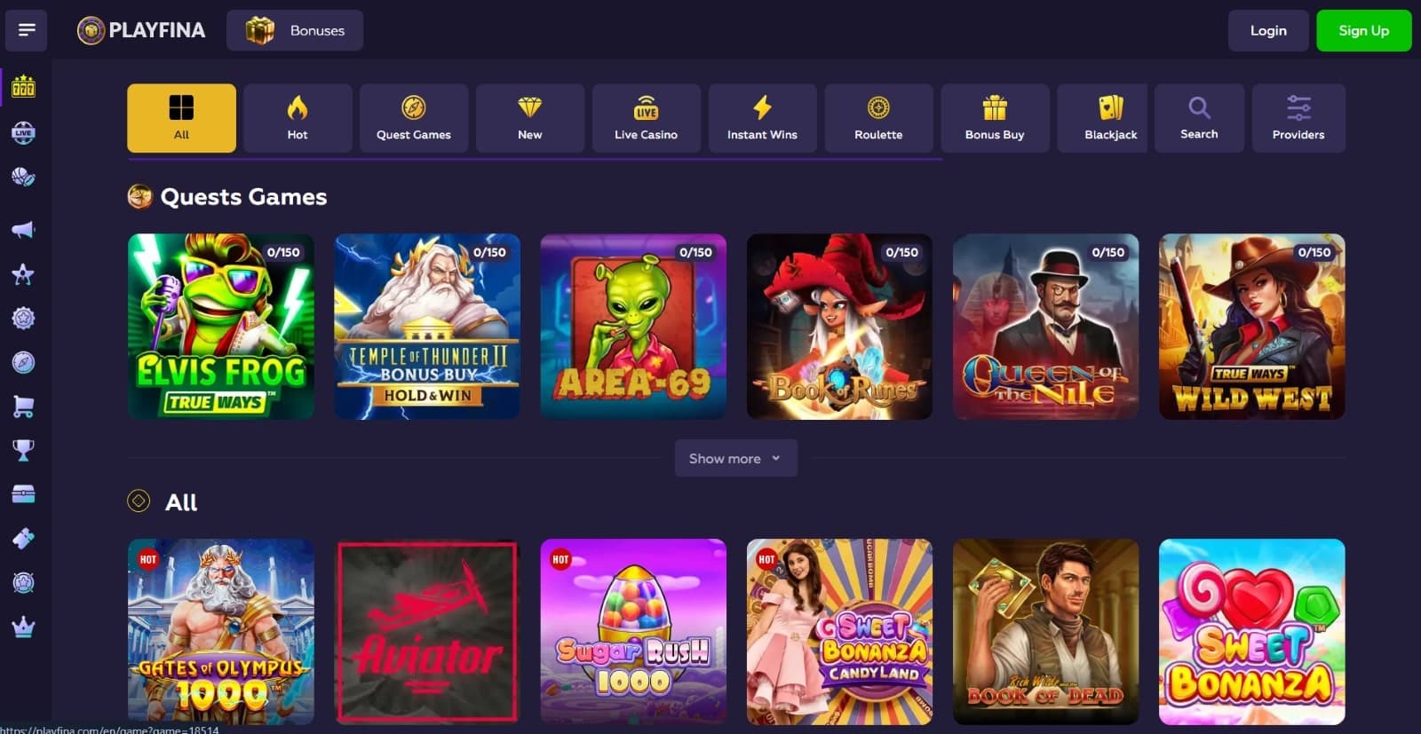 Playfina Casino games page featuring slots such as Elvis Frog and Gates of Olympus
