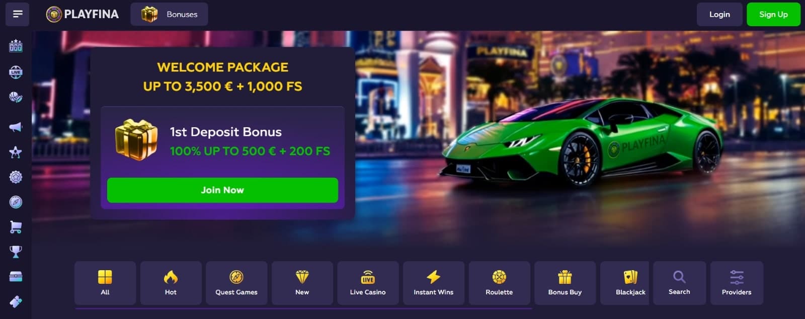 Playfina Casino landing page featuring the welcome package of 3500 euros and  1000 free spins with green Lamborghini image