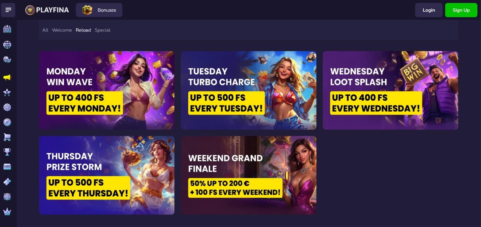 Playfina Casino promotions page featruing reload and free spins offers 