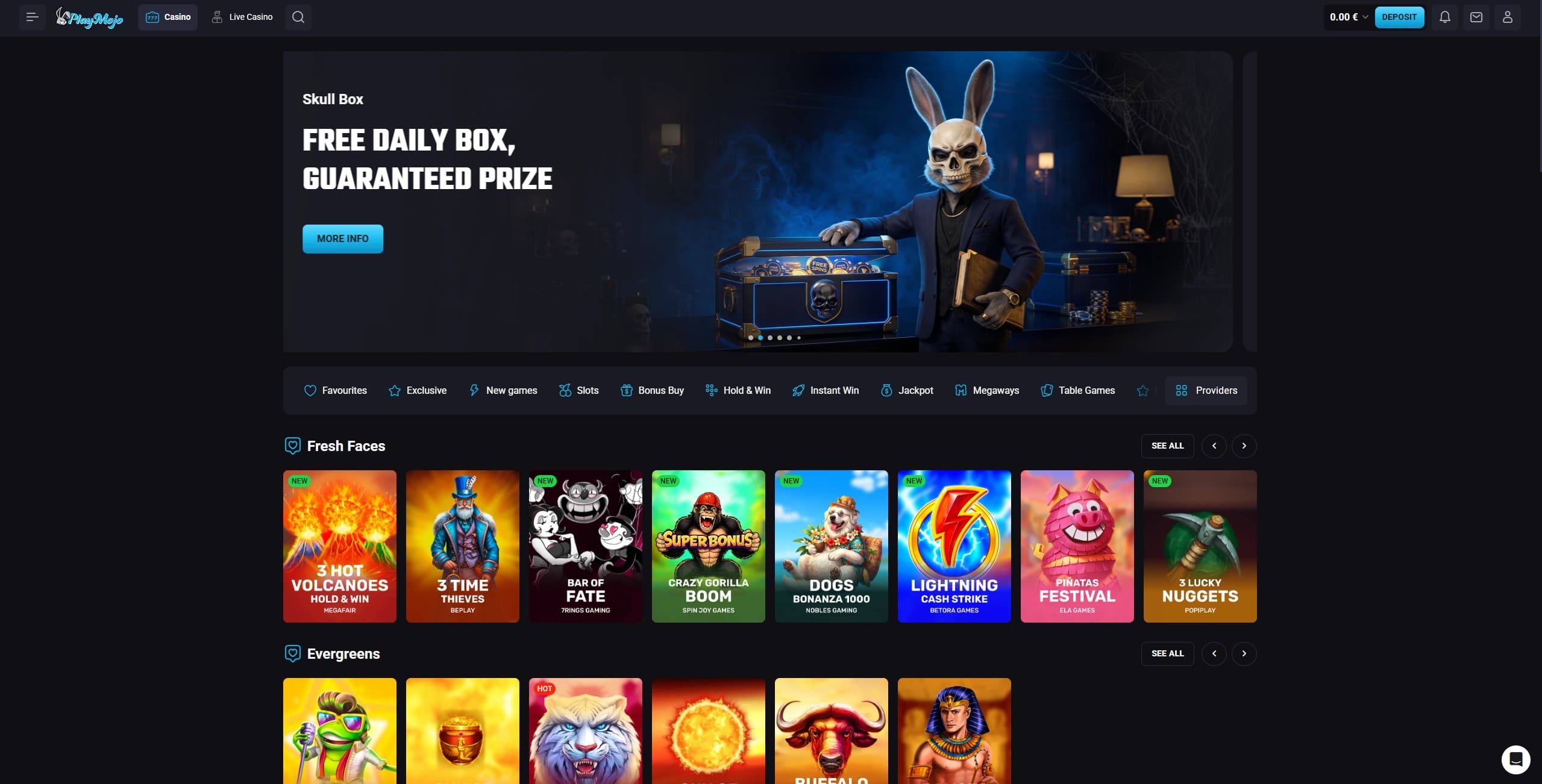 PlayMojo Games Page showing a selection of games and game categories