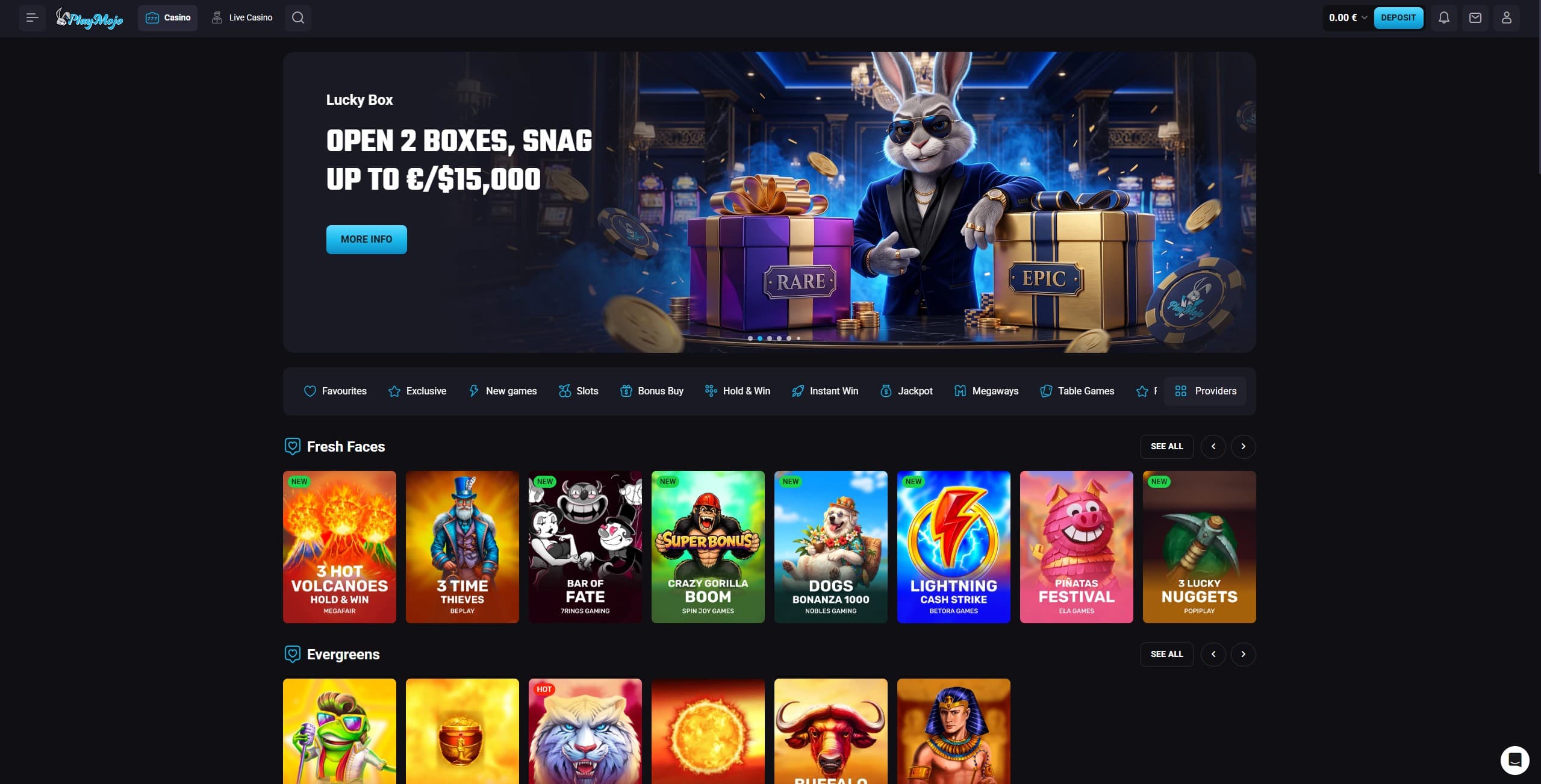 PlayMojo Landing Page showing a selection of different games