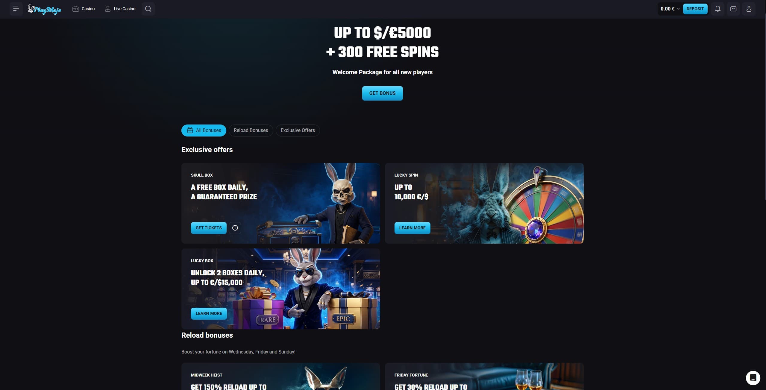 PlayMojo Promotions Page showing the available bonuses and promotions