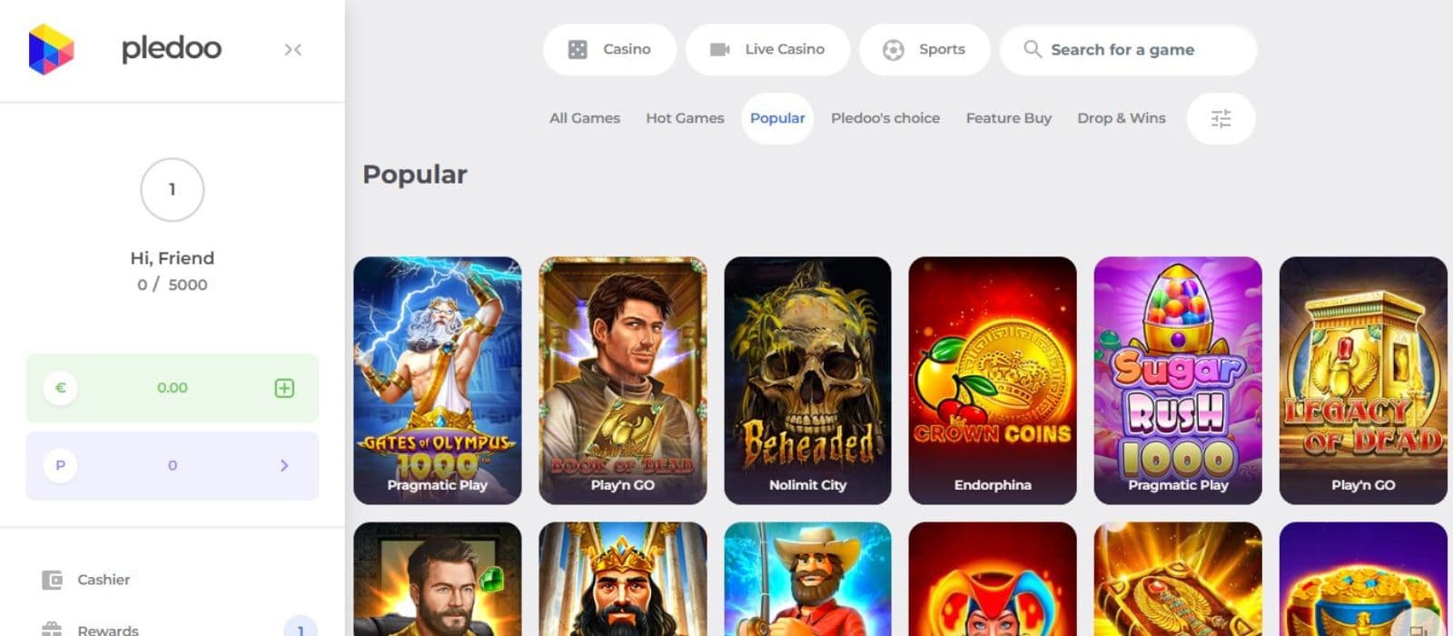 Pledoo Casino's popular games page, showing impressive titles, such as Beheaded and Sugar Rush 1000.