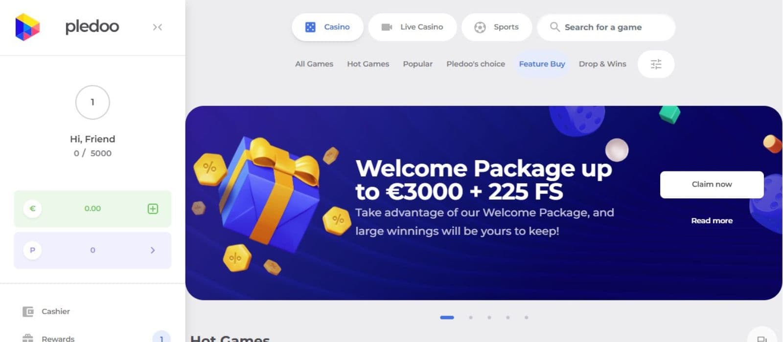 Pledoo Casino's homepage, showing a sidebar menu, and the welcome package banner.