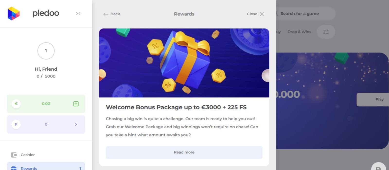 Pledoo Casino's rewards page, showing the welcome bonus worth up to €3,000 plus 225 free spins.