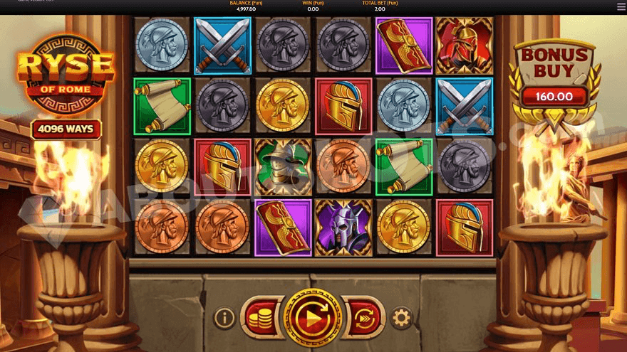 Grid of Ryse of Rome slot with spinning reels and a roman background