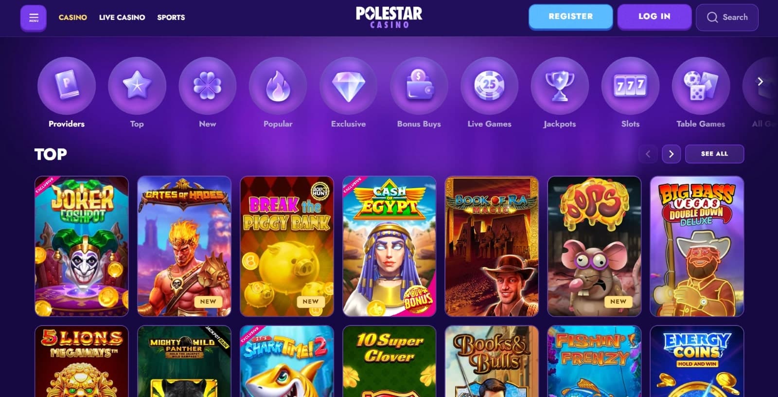 Polestar casino games page with top slots under tab sections over purple background
