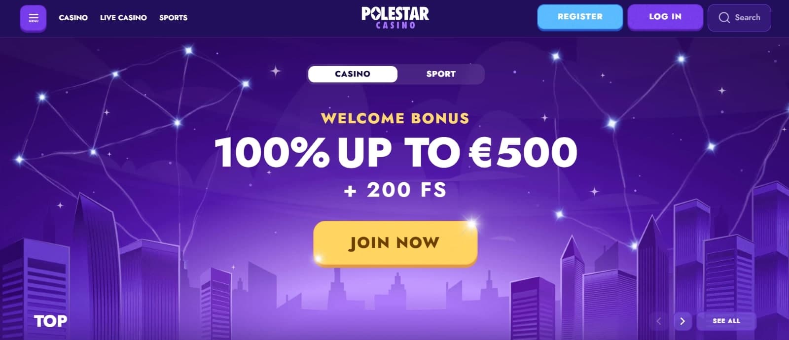 Polestar casino landing page with 100% welcome bonus over purple buildings and constellation image