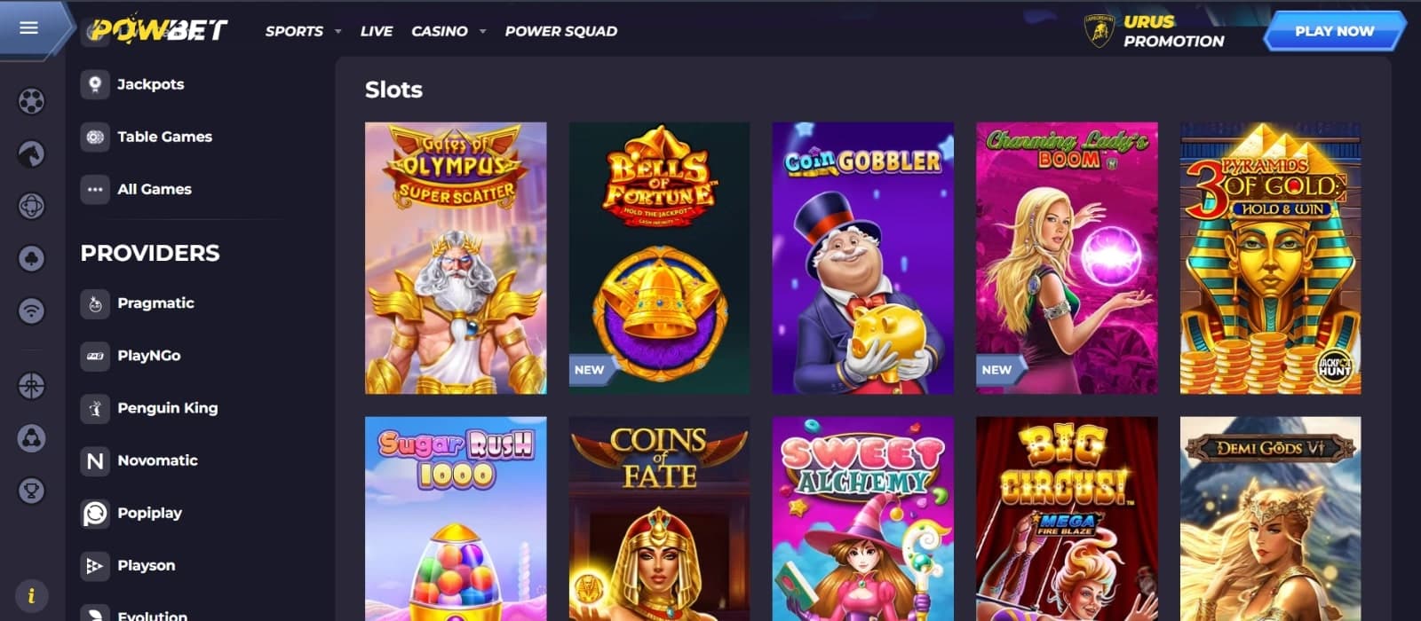 Powbet Casino's slot games section, showing games such as  Gates of Olympus and Coins of Fate, next to Provider menu.