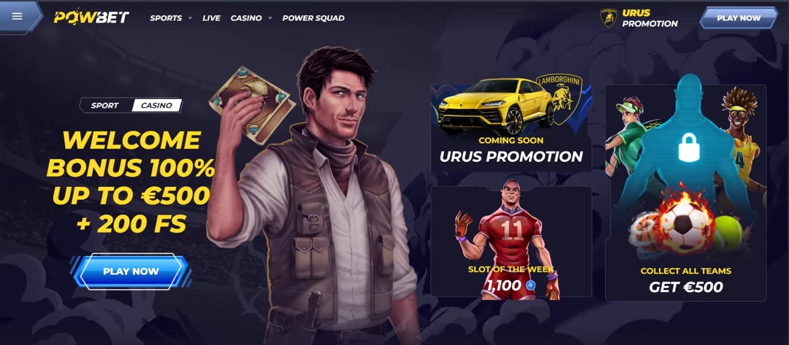 Powbet Casino's homepage, showing the welcome bonus of 500 euro and 200 free spins and other promotions with game avatars.