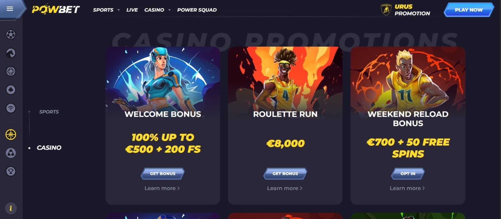 Powbet Casino's promotions page, showing the welcome bonus, roulette run and weekend reload bonus.