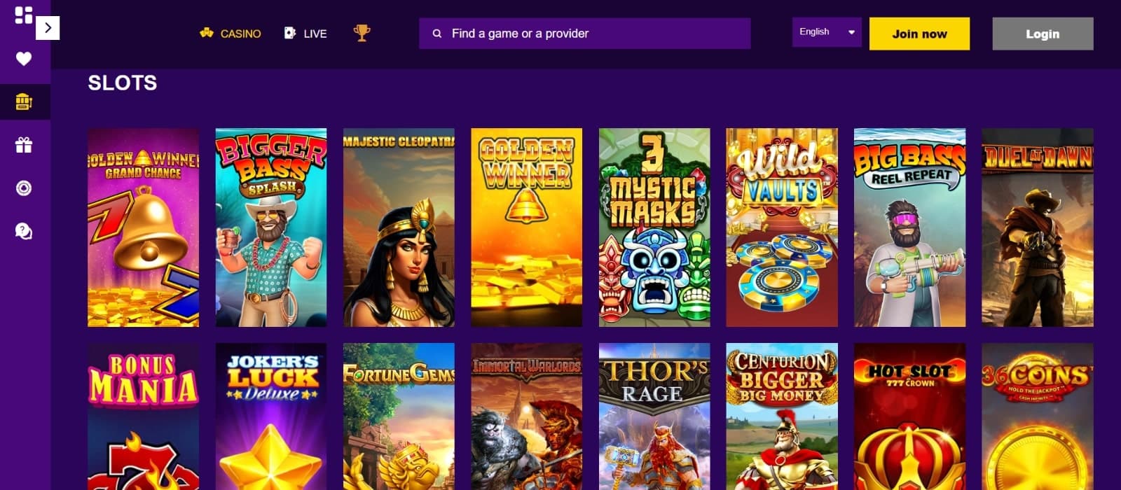 Power Slots Casino games page featuring Big Bass Splash, Fortune Gems and 36 Coins