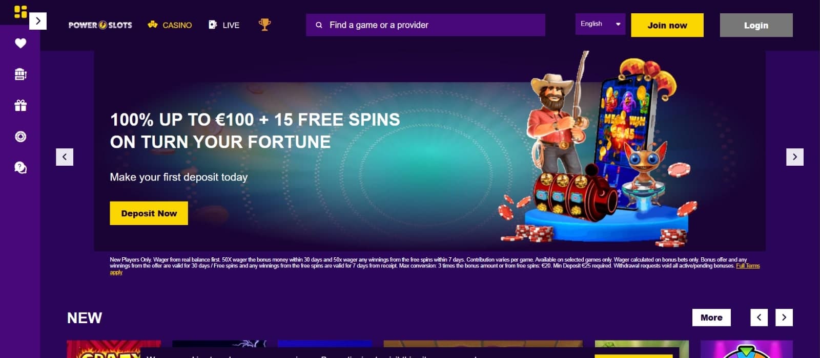 Power Slots Casino's homepage, showing the welcome bonus of 100 eur and 15 no wager spins banner flanked by Big Bass Splash slot character. 