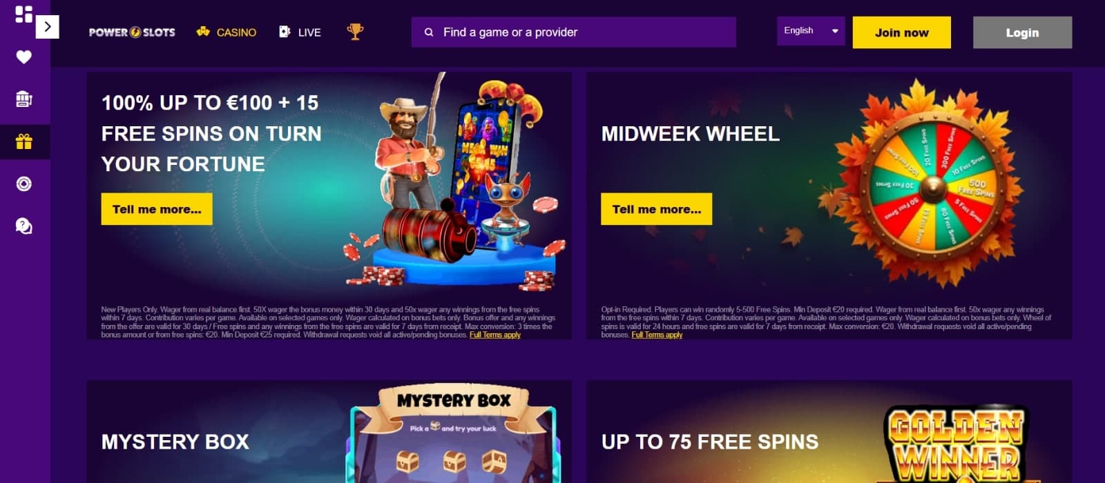 Power Slots Casino's promotions page, showing the welcome bonus, midweek wheel, free spins  and sidebar menu.