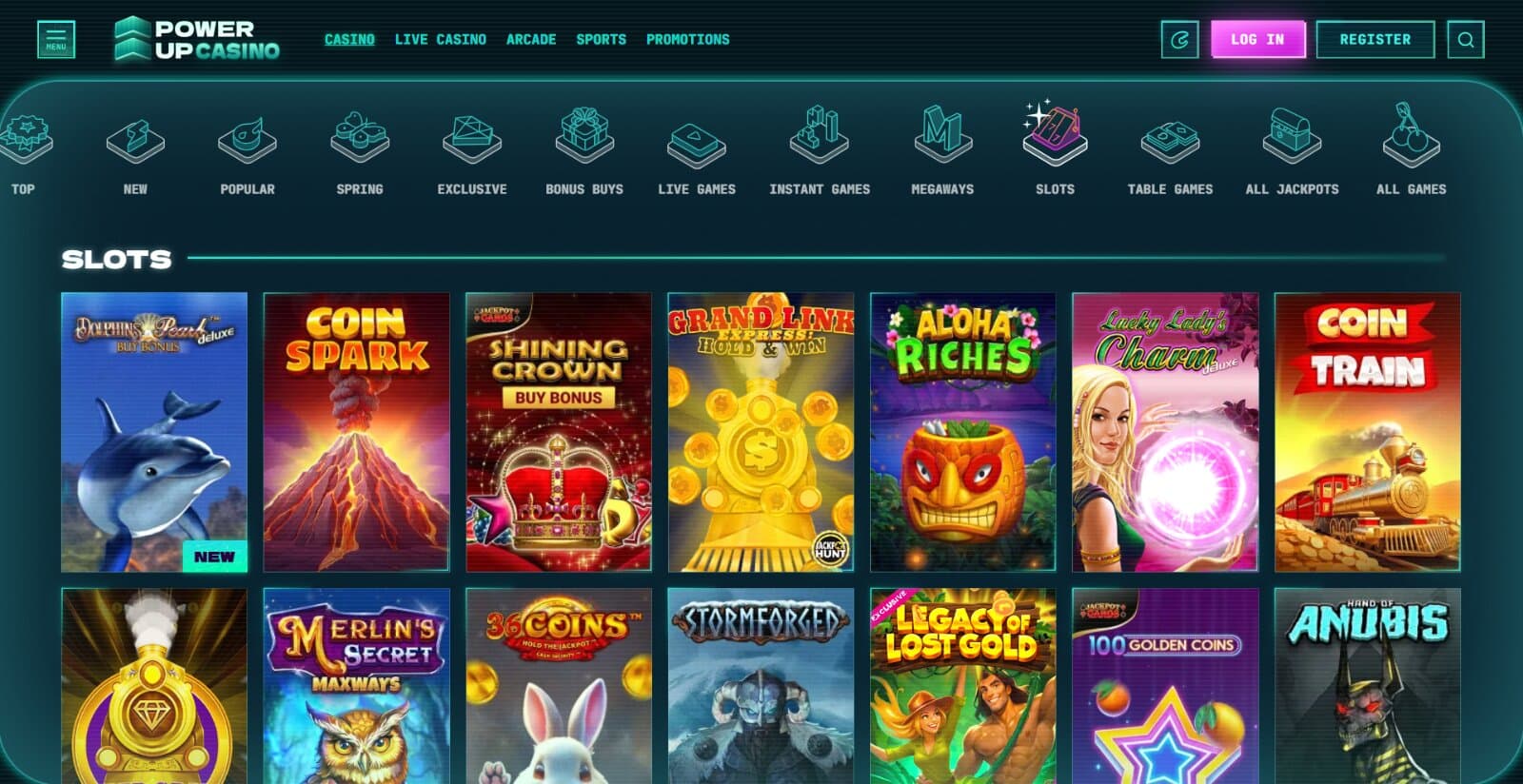 PowerUp Casino's game page featuring the slot, table, crash and live titles and icons under main categories