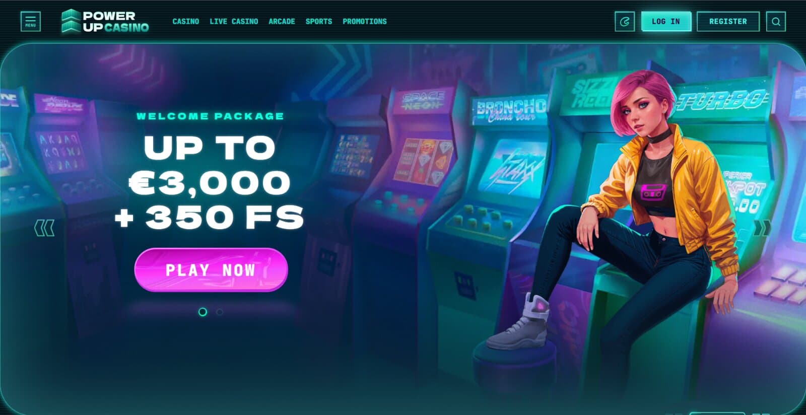 PowerUp Casino's landing page featuring welcome offer banner with 3000 eur match and 350 free spins and sign up button