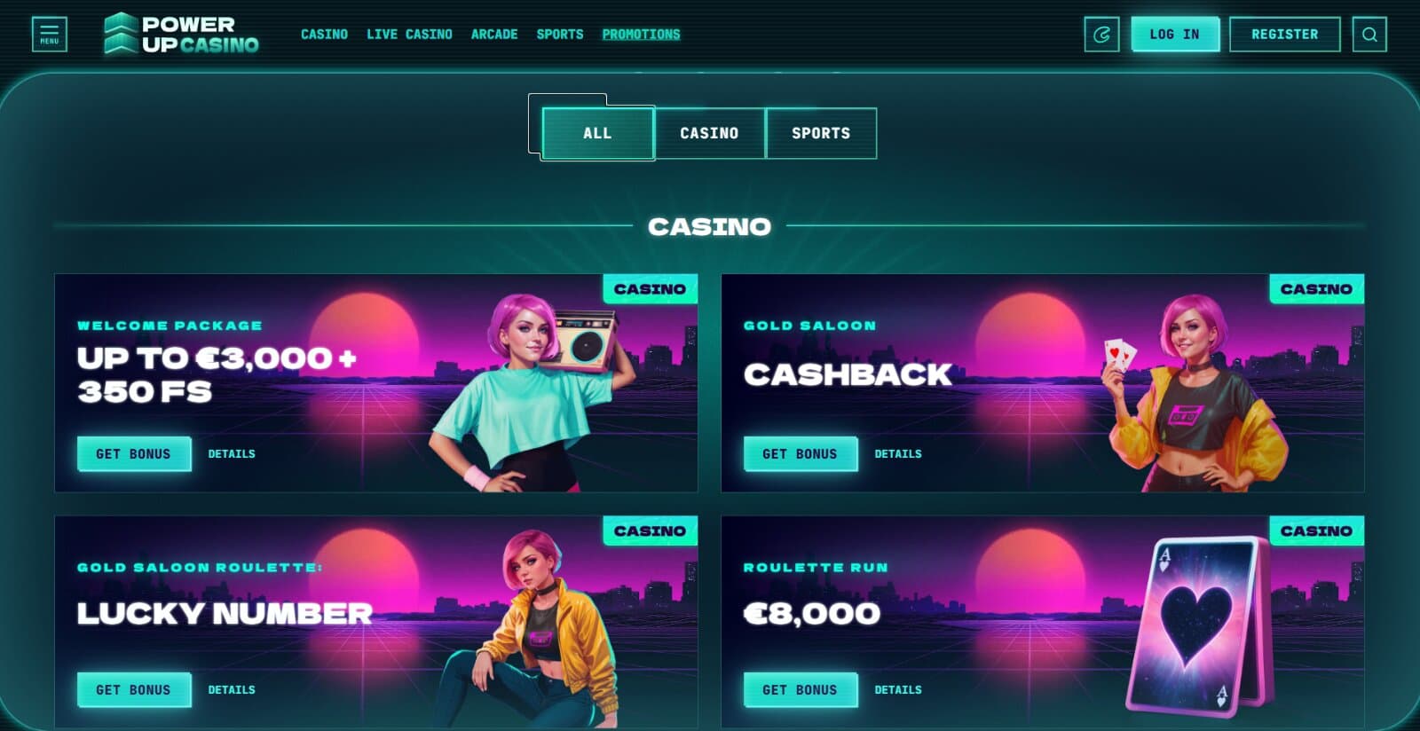 PowerUp Casino's promotions page listing the welcome, reload bonuses, slot tournaments and roulette runs with vaporwave image banners