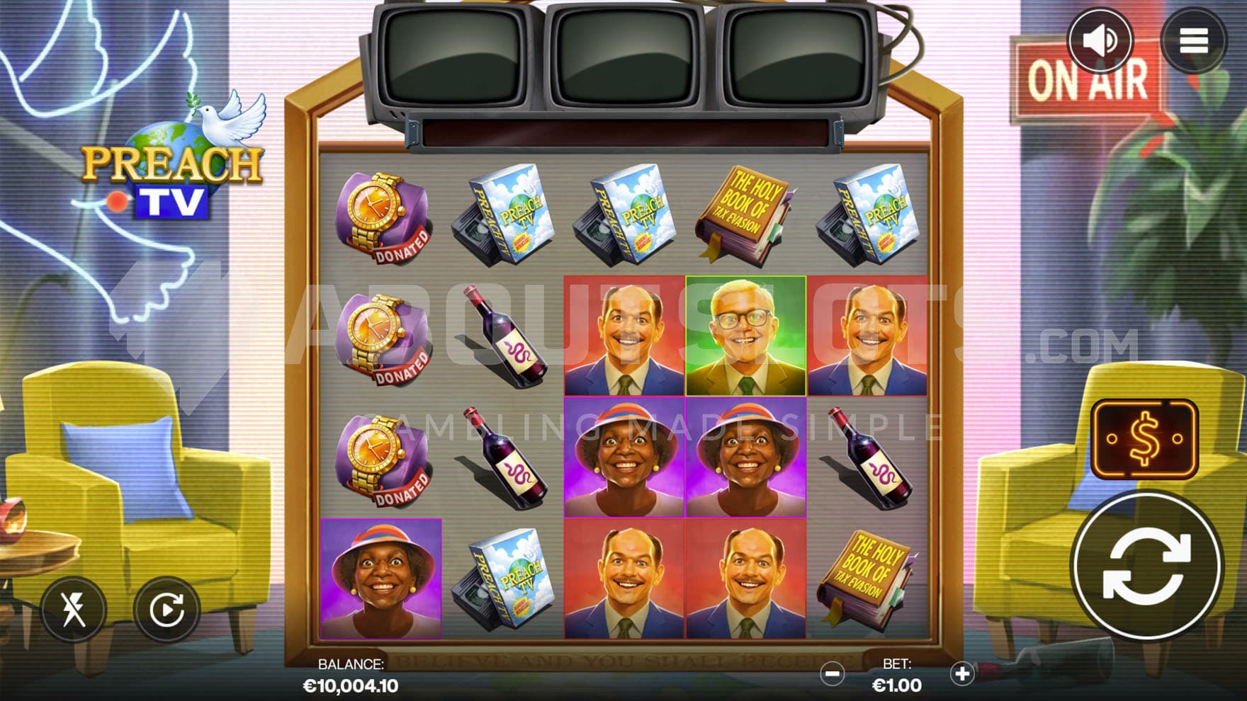 Base game view of a 5x4 grid on a backdrop of an old-school TV studio.